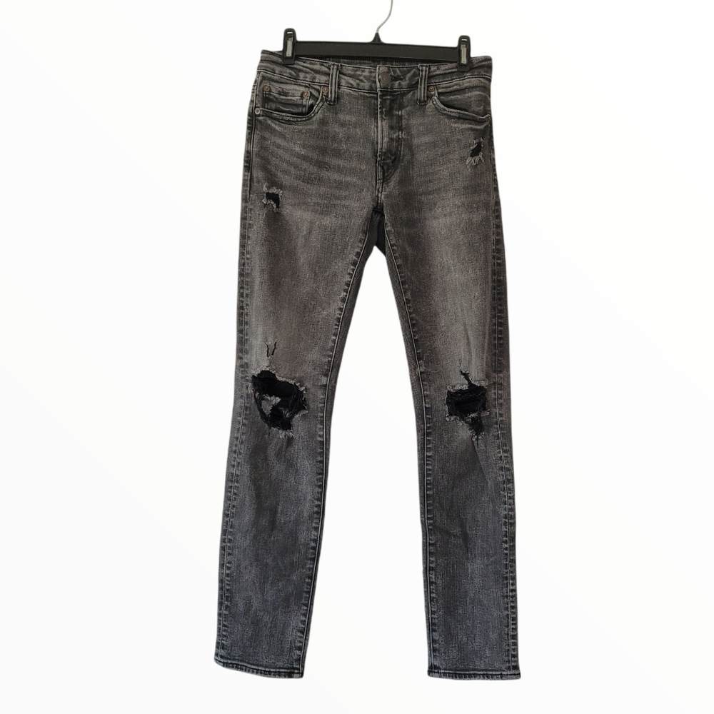 AMERICAN EAGLE Next Level Flex Dark Wash Grey Distressed Tapered Jeans